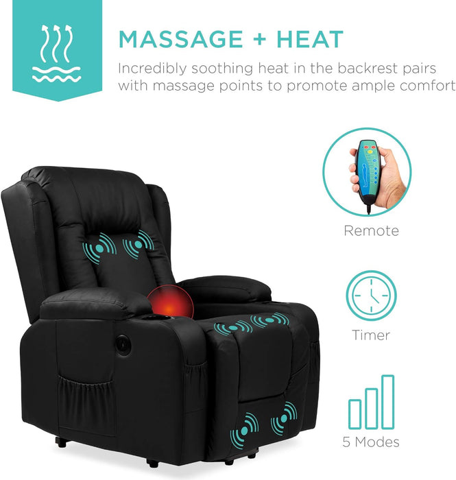 Electric Recliner Chair for Elderly | Heated Recliner with Massage | Recliner Home Theater | USB Ports with Side Pockets | Smooth PU Leather - Relaxing Recliners