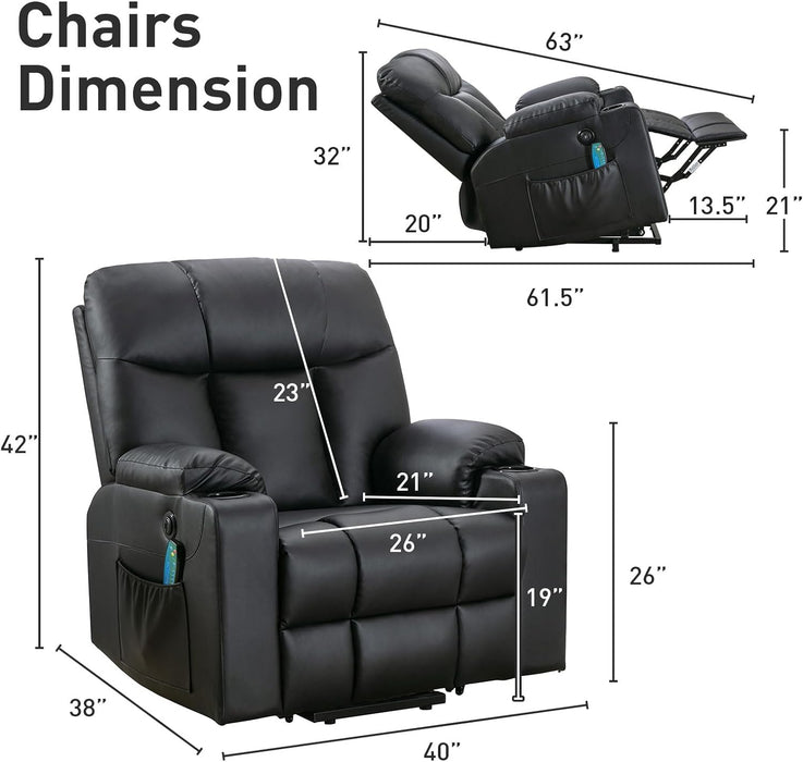 Extra Wide Recliner Chair | Power Lift Recliner Chair | Extra Wide Recliner with Heat and Massage | USB Ports with Side Pockets | Soft PU Leather - Relaxing Recliners