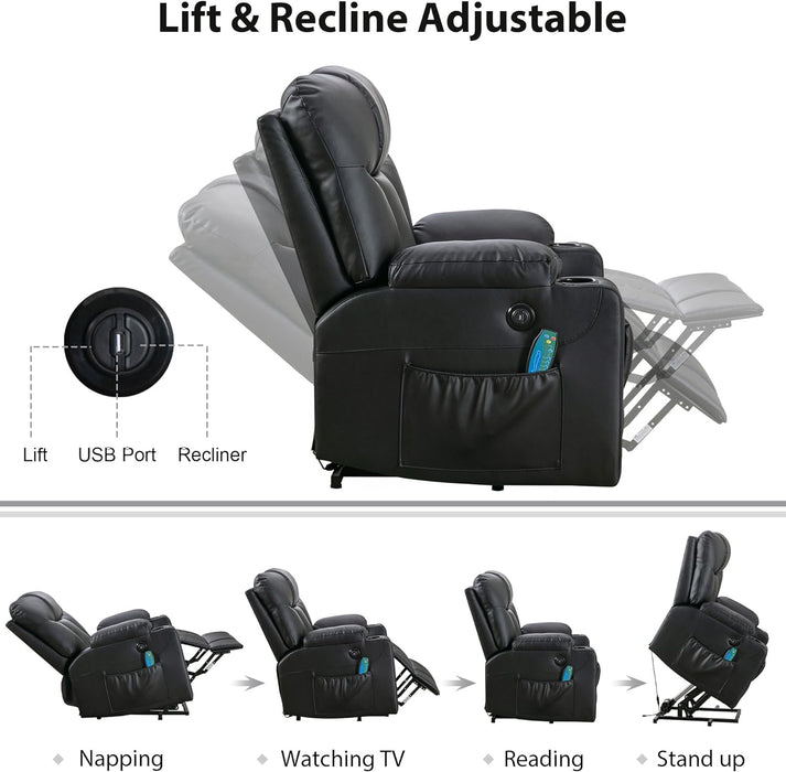 Extra Wide Recliner Chair | Power Lift Recliner Chair | Extra Wide Recliner with Heat and Massage | USB Ports with Side Pockets | Soft PU Leather - Relaxing Recliners