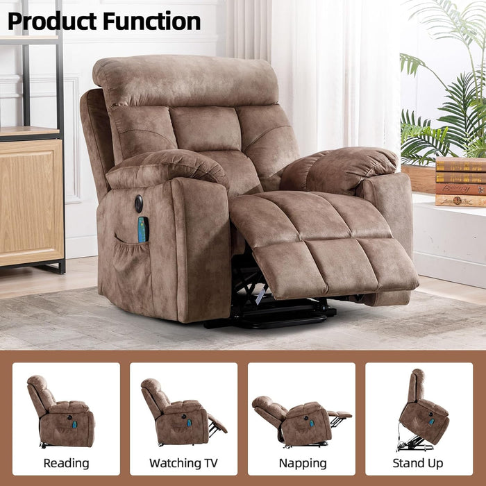 Large Recliner with Heat & Massage | Wide Recliner with Cup Holder | Large Lift Recliner | Stunning Brown Suede | USB Ports with Side Pockets - Relaxing Recliners