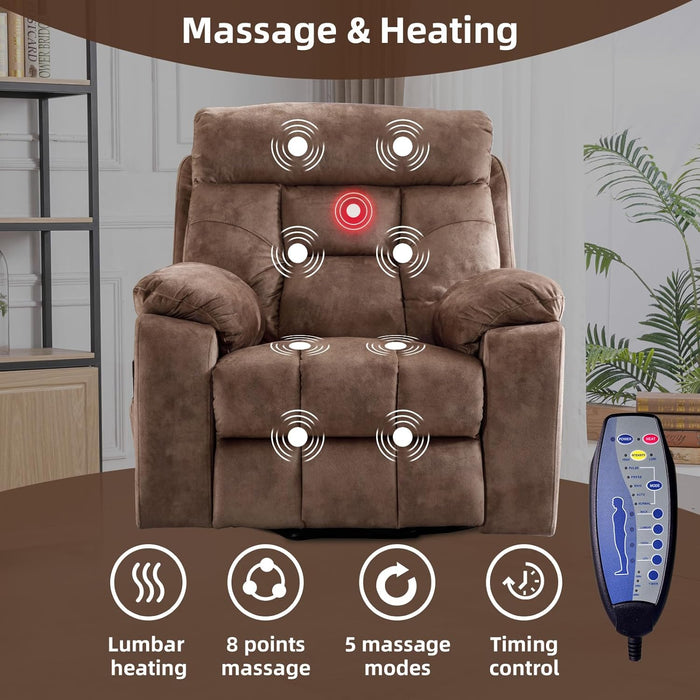 Large Recliner with Heat & Massage | Wide Recliner with Cup Holder | Large Lift Recliner | Stunning Brown Suede | USB Ports with Side Pockets - Relaxing Recliners