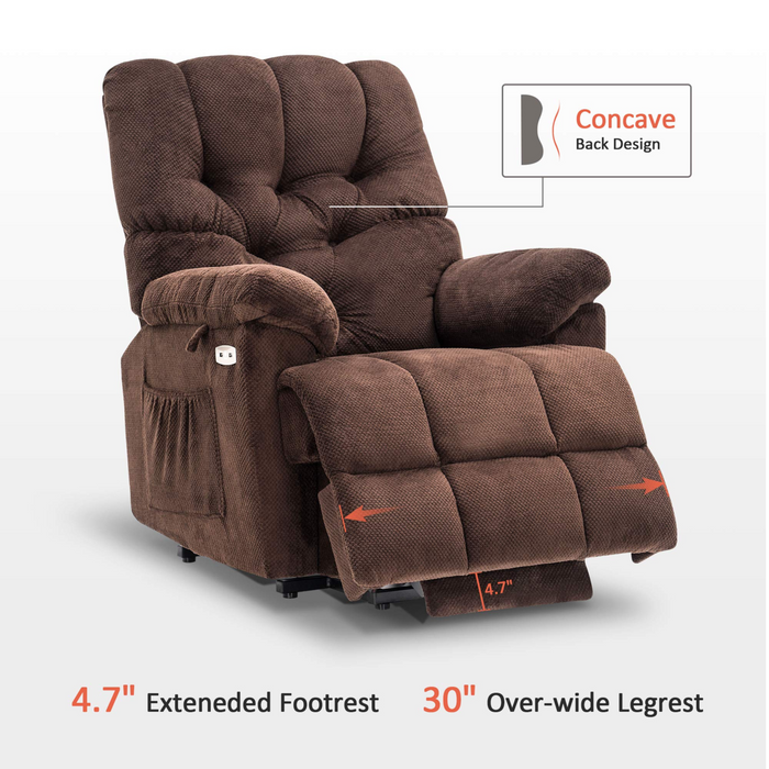 Fabric Power Lift Recliner Chair With Extended Footrest, 3 USB Ports - Relaxing Recliners