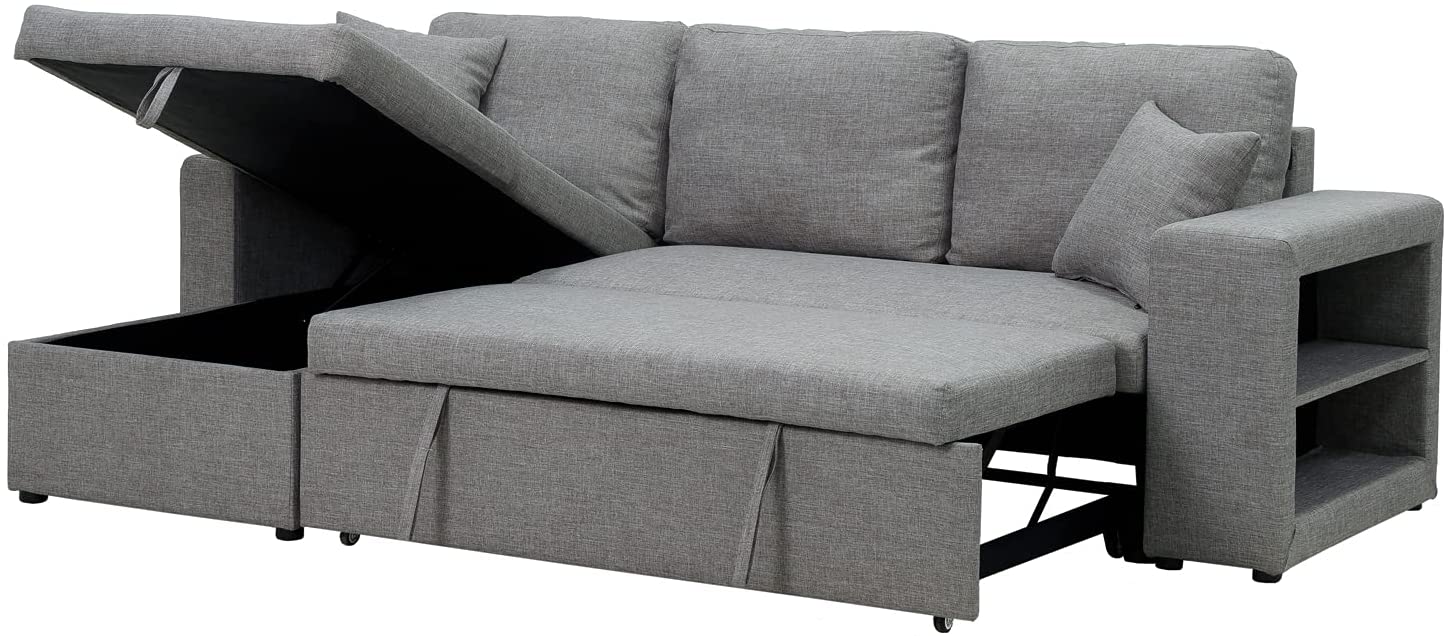 Reversible Sectional Sleeper with Chaise Storage, Gray - Relaxing Recliners