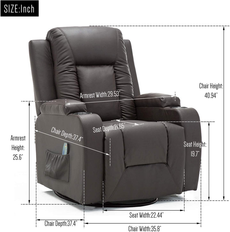 Pu Leather Recliner Massage Chair with Heat and Swivel - Relaxing Recliners