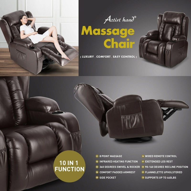 Brown Leather Heated Massage Recliner Chair - Relaxing Recliners