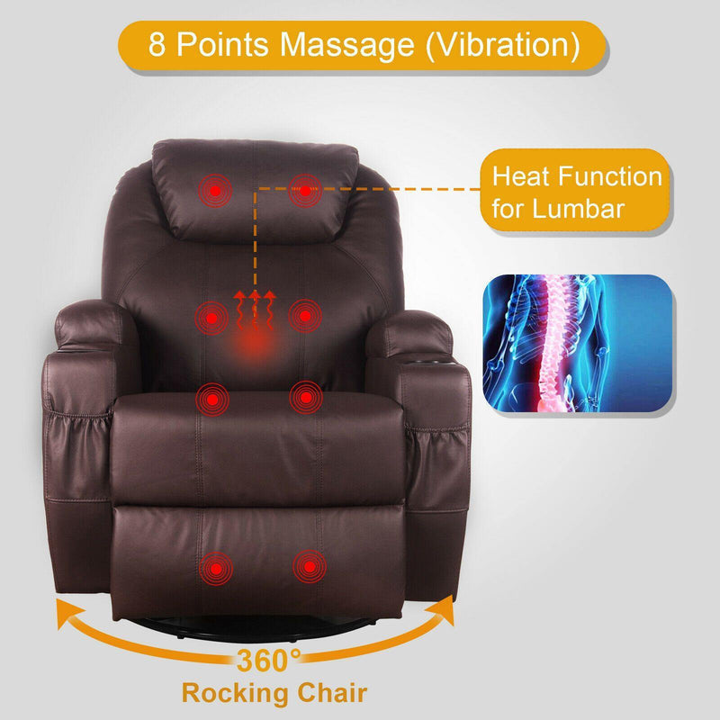 Heated Massage Recliner Pu Leather With 360 Swivel - Relaxing Recliners