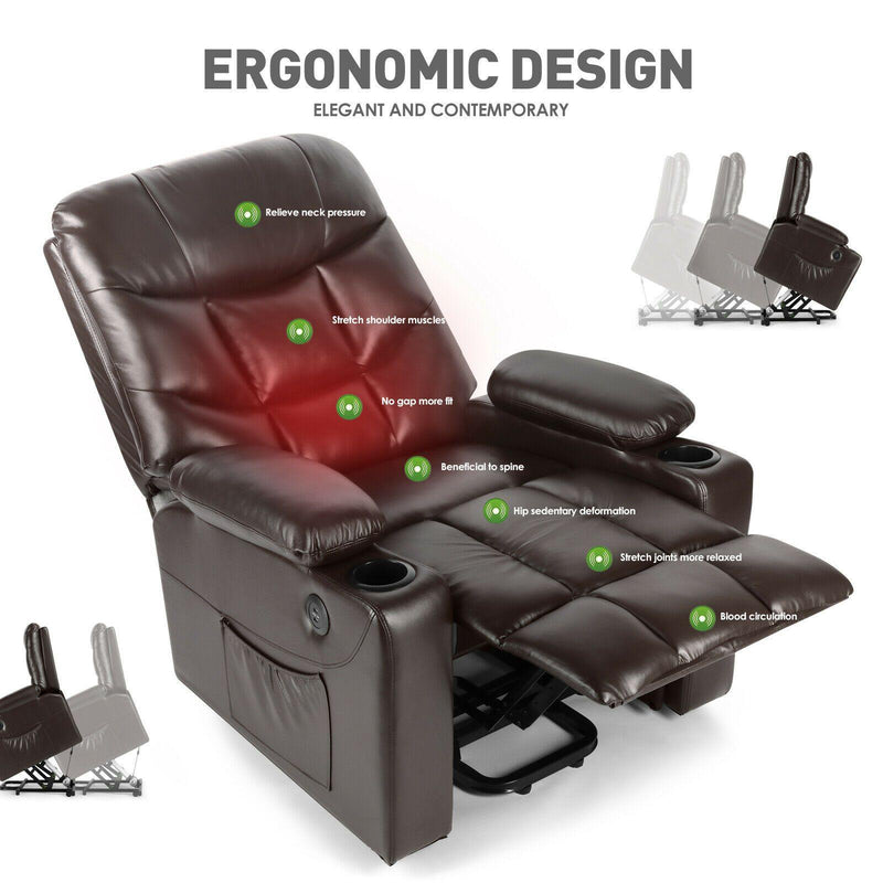Brown Auto Electric Power Lift Massage Chair Leather Recliner Heat With USB - Relaxing Recliners