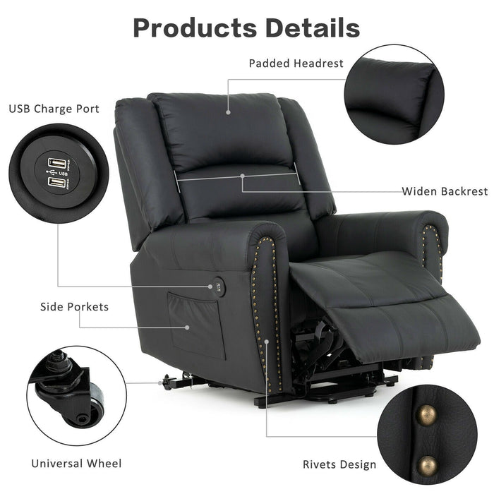 Heated Massage Lift Chair Recliner With Dual Motor USB Charge Port Black - Relaxing Recliners