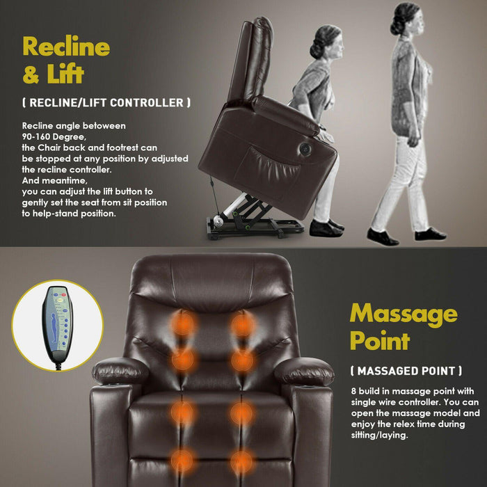 Brown Auto Electric Power Lift Massage Chair Leather Recliner Heat With USB - Relaxing Recliners