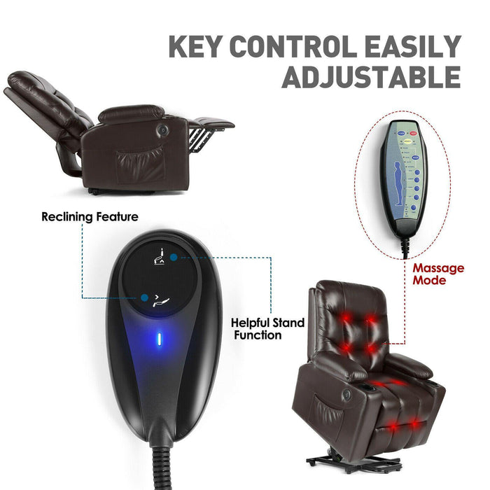 Brown Auto Electric Power Lift Massage Chair Leather Recliner Heat With USB - Relaxing Recliners